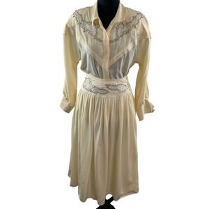 VINTAGE Cedars Beige Top Skirt Silk Floral Embroidered Button-Up Set Size 8 VTG